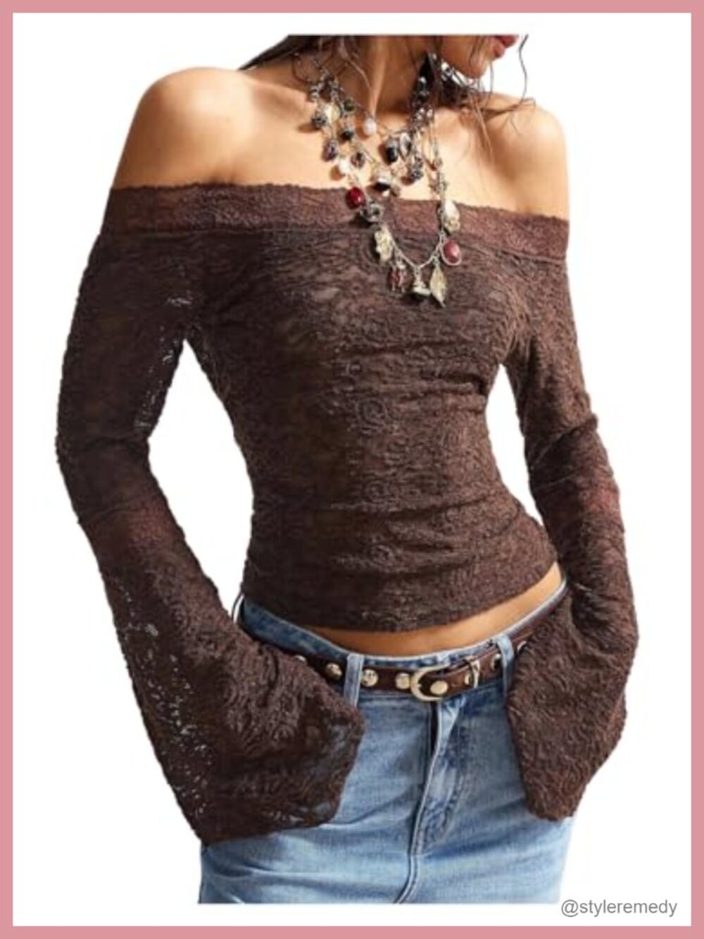 Lace Off The Shoulder Bell Sleeve Top - Women's Slim Fit Long Sleeve